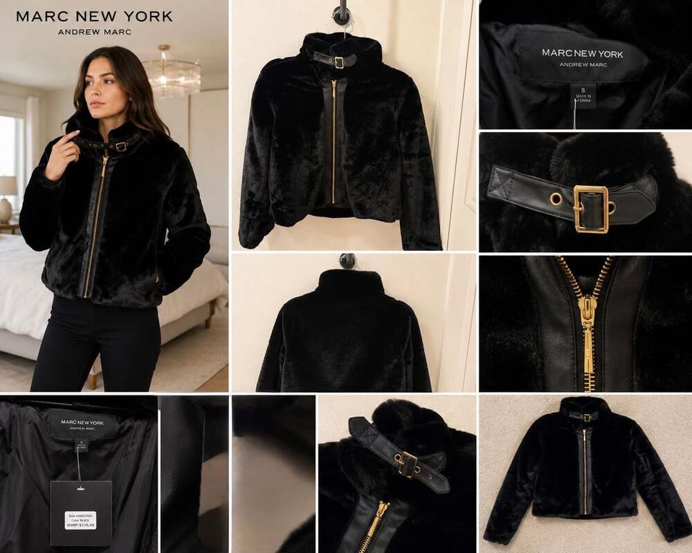 Andrew Marc New York Faux Fur Cropped Jacket with Buckle Collar - Black